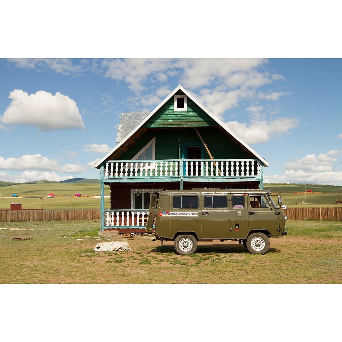 A UAZ van parked outside an inn. Made in Russia, the UAZ van is ubiquitous in the Mongolian country side. It's not especially comfortable but it can handle the lack of paved roads and crossing rivers and streams.